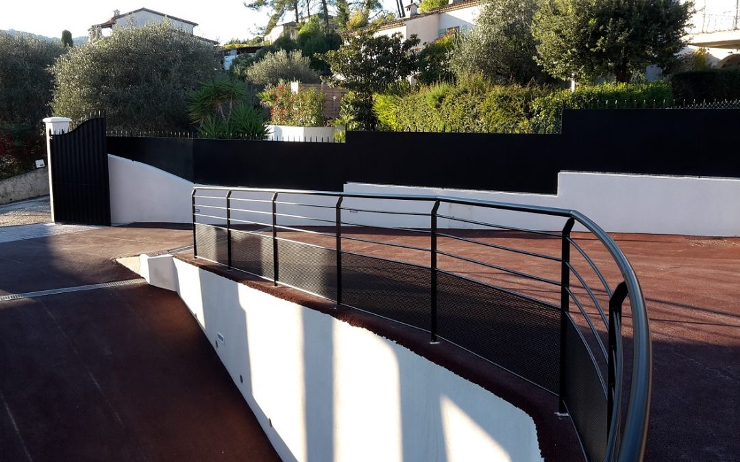 Modern driveway guardrail, privacy fence & gate, interior stair & custom tables in Mougins